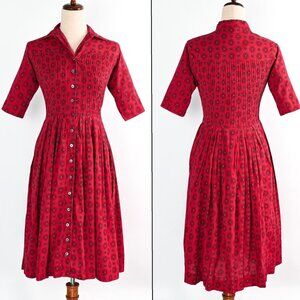Vintage 50s Jonathan Logan Red Geometric Button Up Prairie Dress w/ 3/4 Sleeves